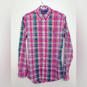 Ralph Lauren men’s plaid button down cotton shirt.  Custom fit/small.